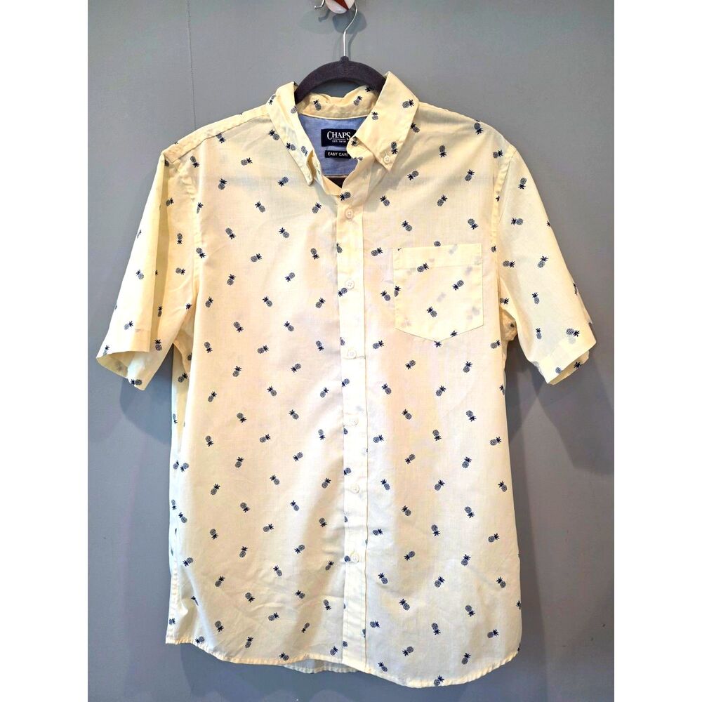 Chaps Men's Cotton Button Down Butter Yellow Md Pineapple Novelty Hawaiian Tiki